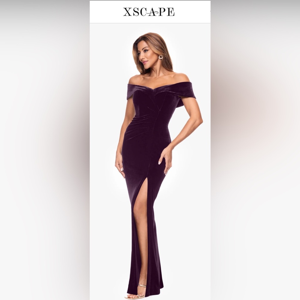 Xscape Strapless Velvet Gown in Deep Purple